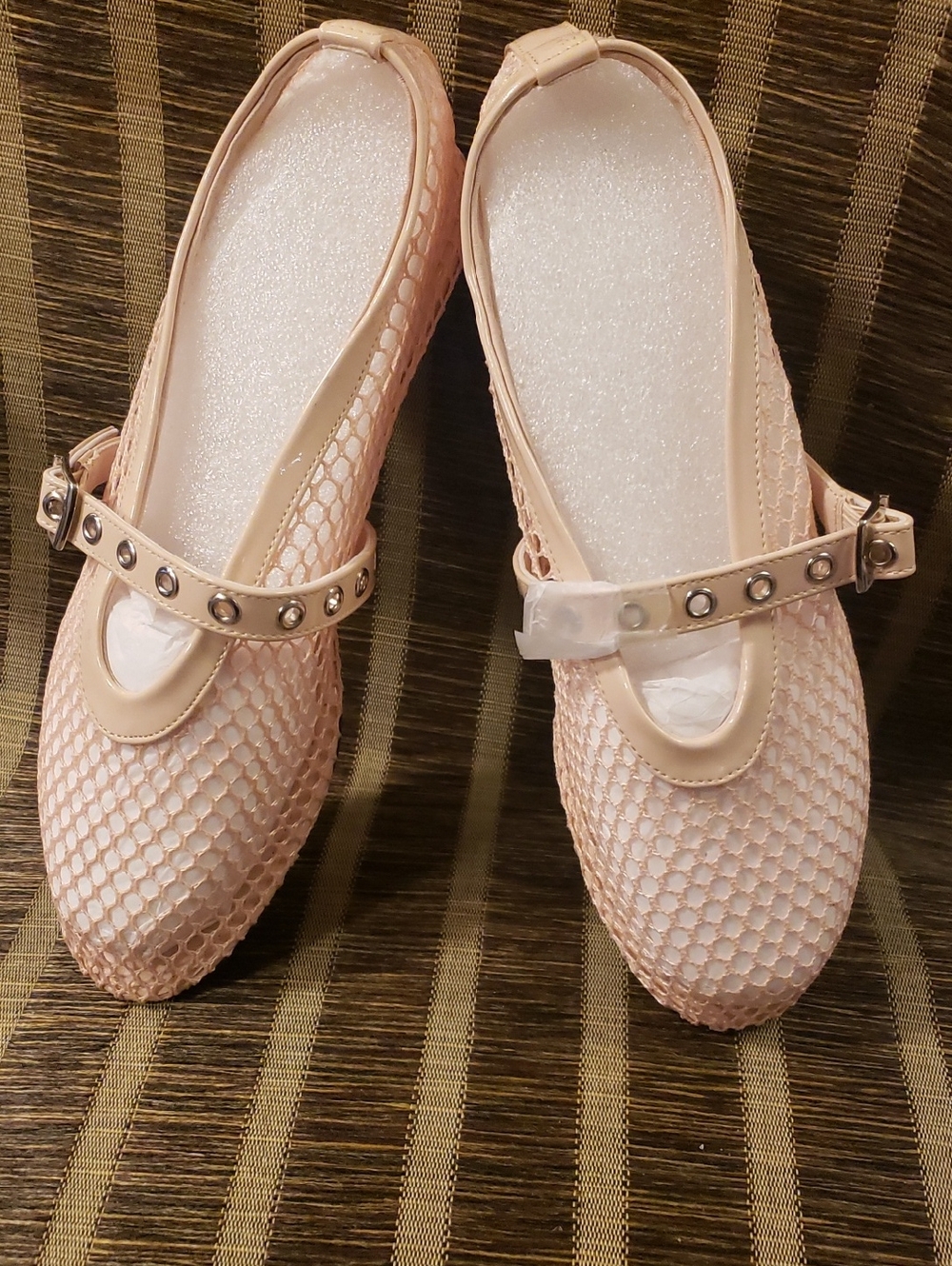 Coutgo Blush Nude Mesh Ballet Flats Fishnet Ballerina Buckle Strap Shoe, 8.5